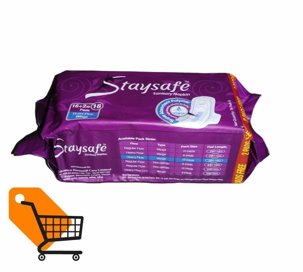 Staysafe Sanitary Napkin 16+2=18 Pads (Heavy Flow Wings) Retailer BD