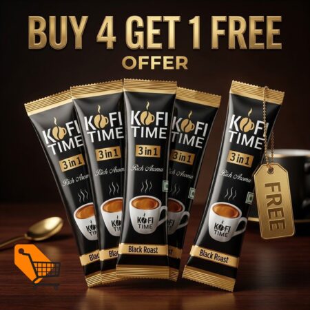 Kofi Time Rich Aroma Black Roast 3 in 1 Coffee 15g Buy 4 Get 1 Free promotional pack